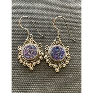 Vintage 925 Sterling Silver Druzy Gemstone Dangle Pierced Earrings Estate Jewelr